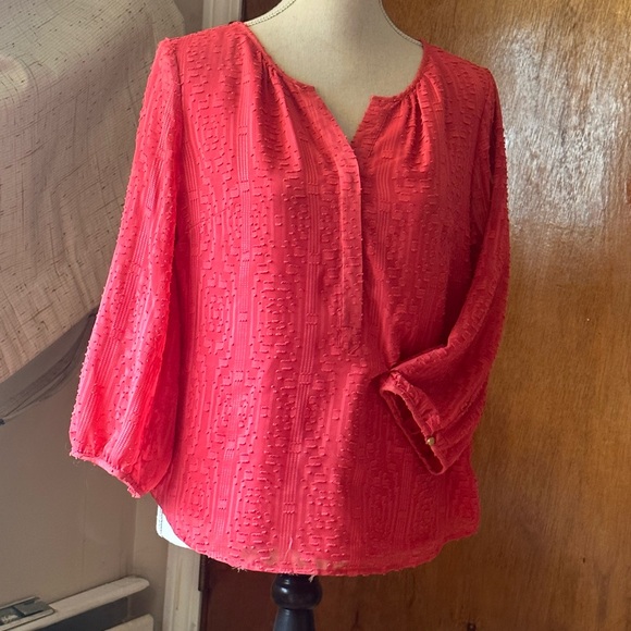 Talbots Top 3/4 Sleeve Sheer Lined Rose Pink Blouse SZ Med 3-Button Front Tunic - Picture 9 of 16